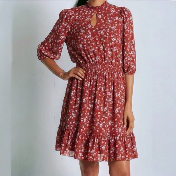 Nanette Lepore Orange Floral Ruffles Fit & Flare Dress Size 10 Medium - Picture 1 of 10